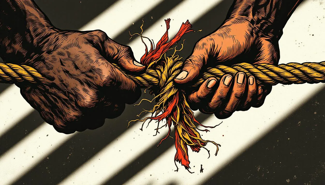 Two fists locked in a tug-of-war over a rope fraying into red and yellow strands
