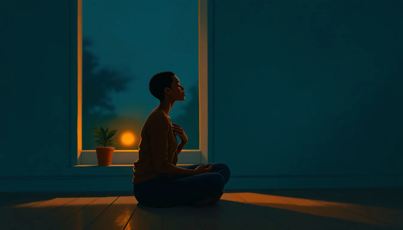 A person with medium-brown skin sits in profile in a dimly lit room, one hand on their chest, soft amber evening light coming through a tall window onto a wooden floor