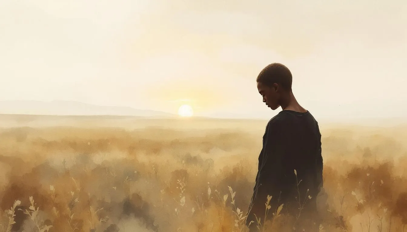 A young person stands with bowed head in a misty golden field at dawn