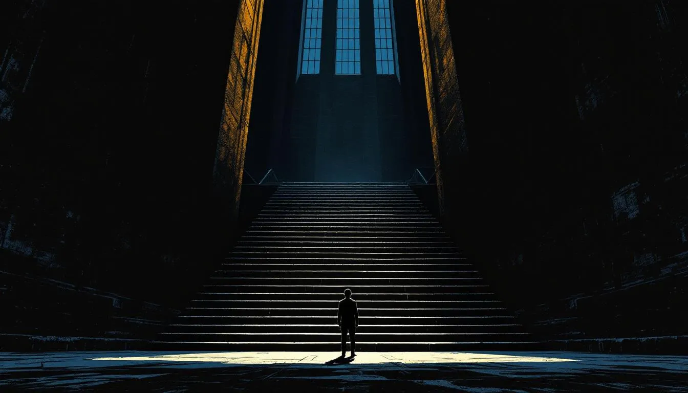 A lone figure stands before a vast dim staircase rising toward a tall window