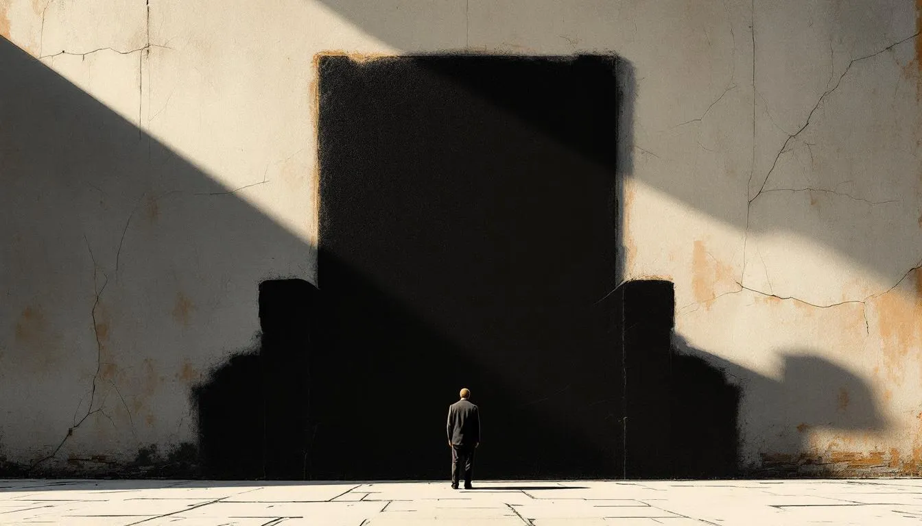 A small suited figure dwarfed by a huge throne-shaped shadow on a cracked wall