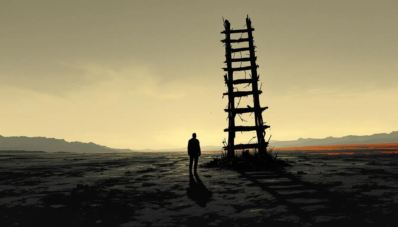 A small figure stands beside a tall rickety ladder on a barren, cracked plain at dusk