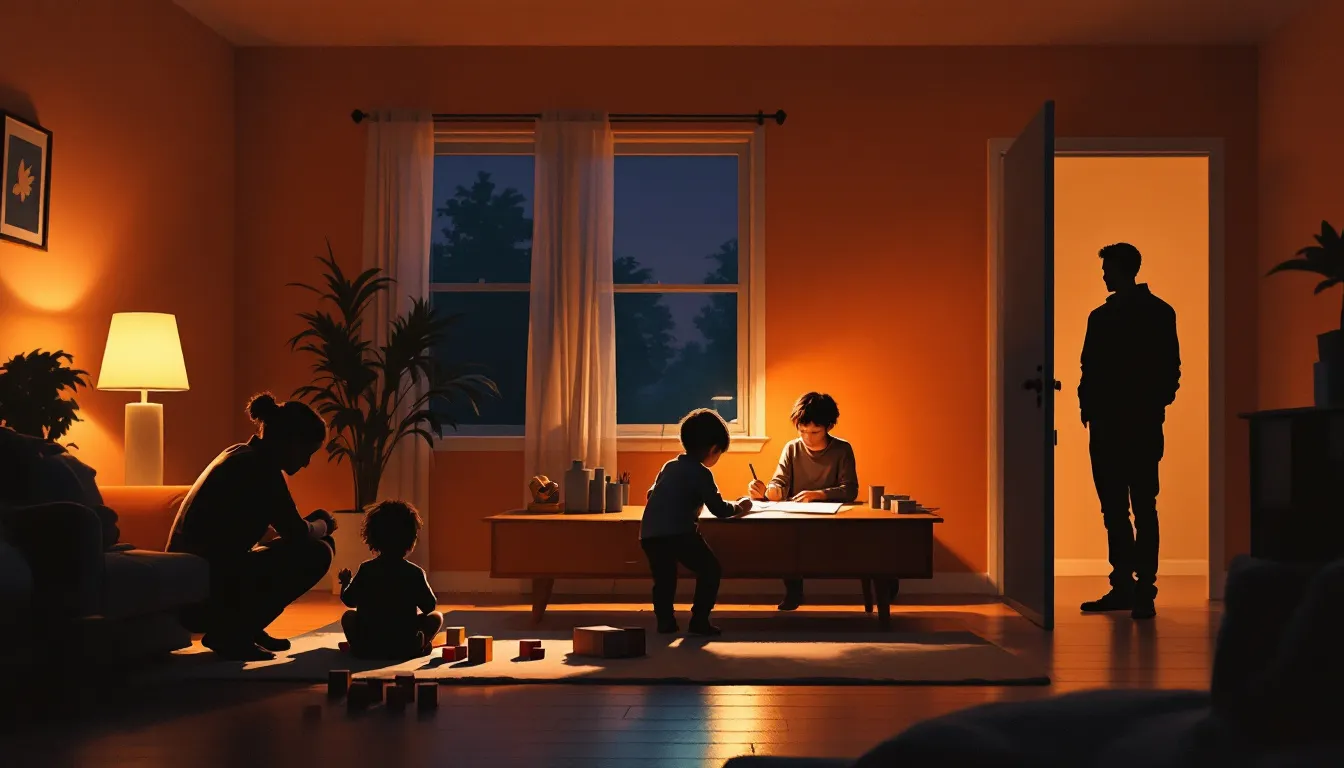 Gouache illustration of a warmly lit living room interior at dusk showing three silhouettes of a parent figure at different distances, crouching beside a toddler in the foreground, sitting with a school-age child at a table in the middle ground, and standing at a doorway with a teenage silhouette in the background