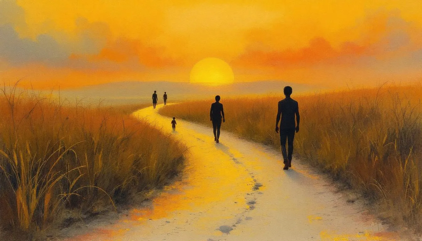 Silhouetted family figures walking a winding path through golden grass toward a setting sun