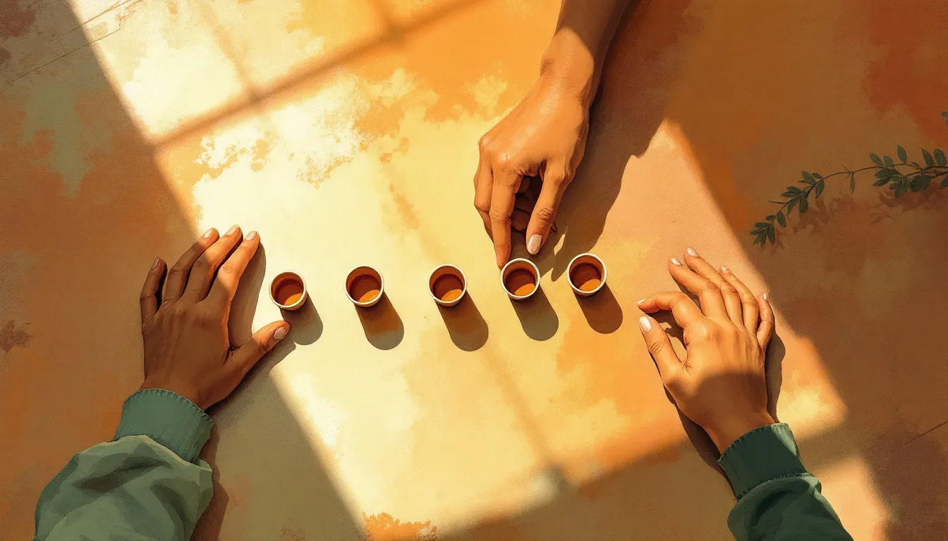 An adult hand and two smaller child hands with warm brown and olive skin tones gently arranging painted wooden cups of varying sizes in an arc on a terracotta-toned floor