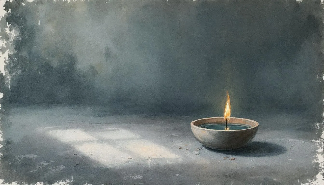 A single lit candle floating in a stone bowl in a dim blue-grey watercolor room
