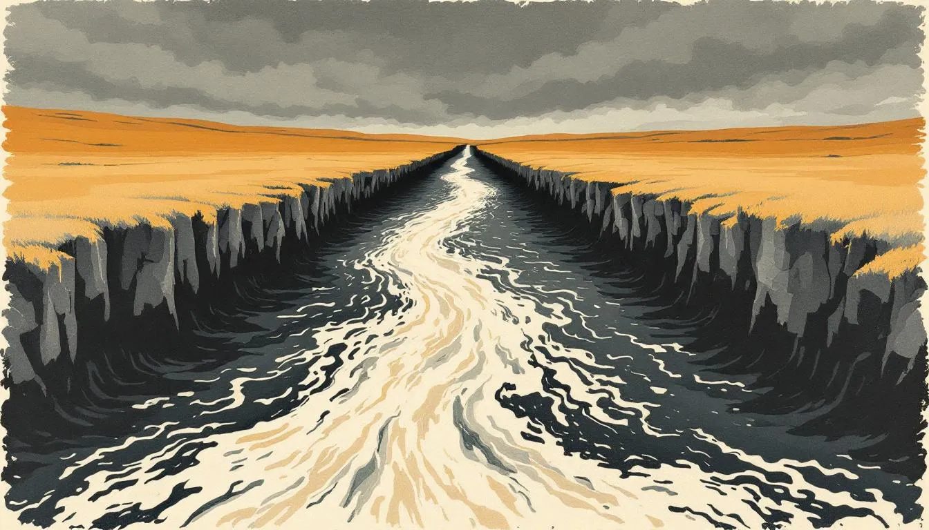 A dark river cuts a deep divide through a golden field under a stormy sky