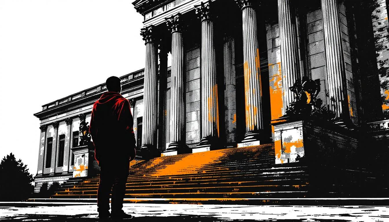 A lone figure in red faces the towering columns of a grand institutional building