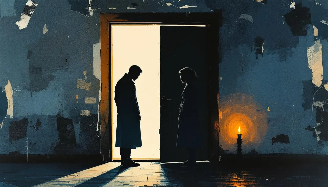 Two silhouetted figures pause at a glowing doorway threshold beside a single candle