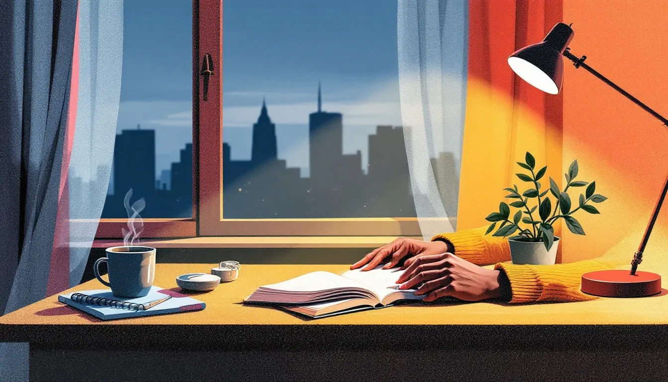 A person in a rust-coloured sweater sits at a warmly lit desk with an open journal and a steaming mug, hands resting on the page, a dusk cityscape visible through the window behind them