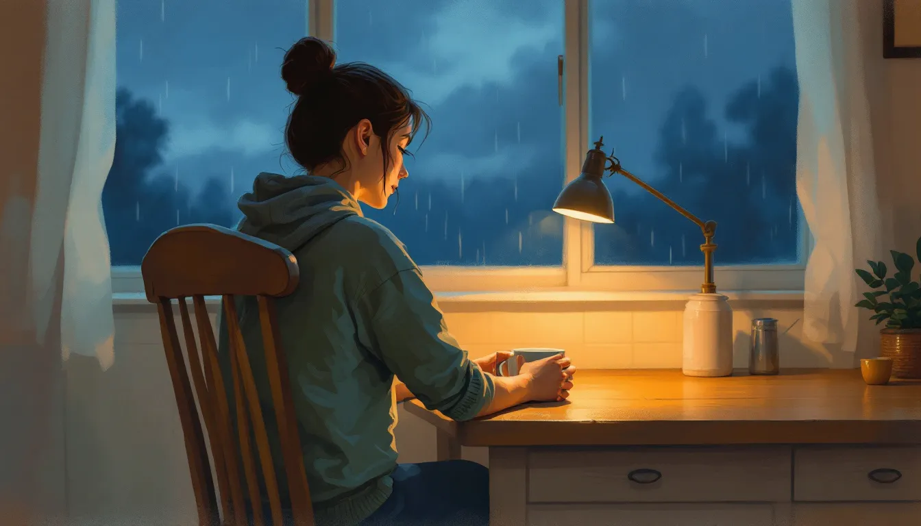 A person seen from behind sits at a wooden kitchen table cradling a warm mug, soft amber lamplight spilling across the surface against an indigo rain-blurred window