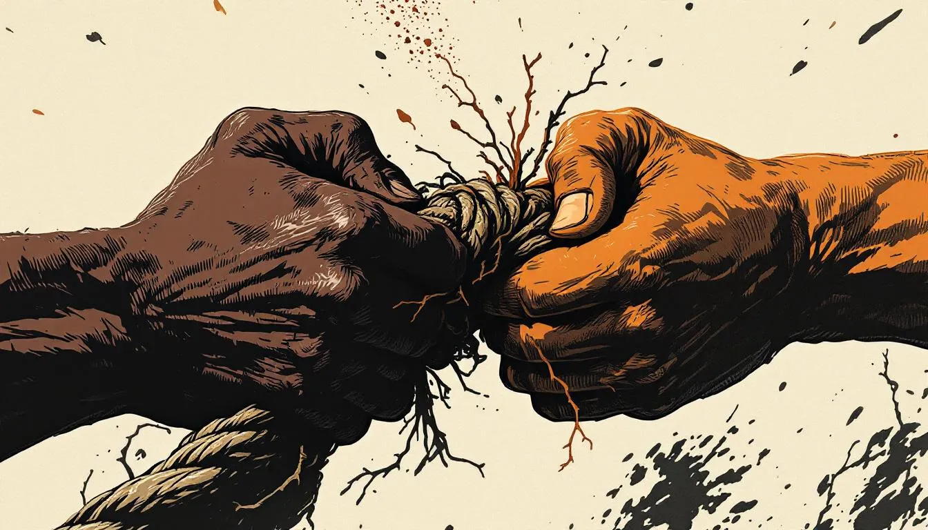 Two fists straining against a rope snapping apart, ink-and-orange comic style
