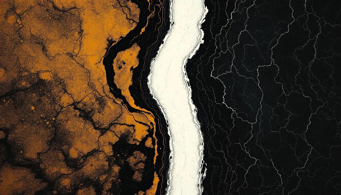 Cracked golden earth meets cracked black earth, divided by a pale wavering river of light