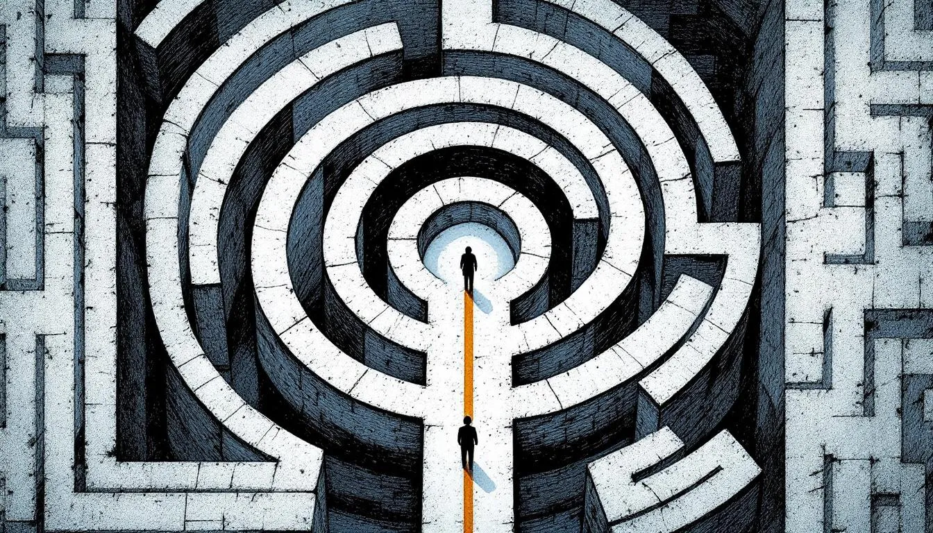 Aerial view of a figure walking a glowing path through a vast grey maze