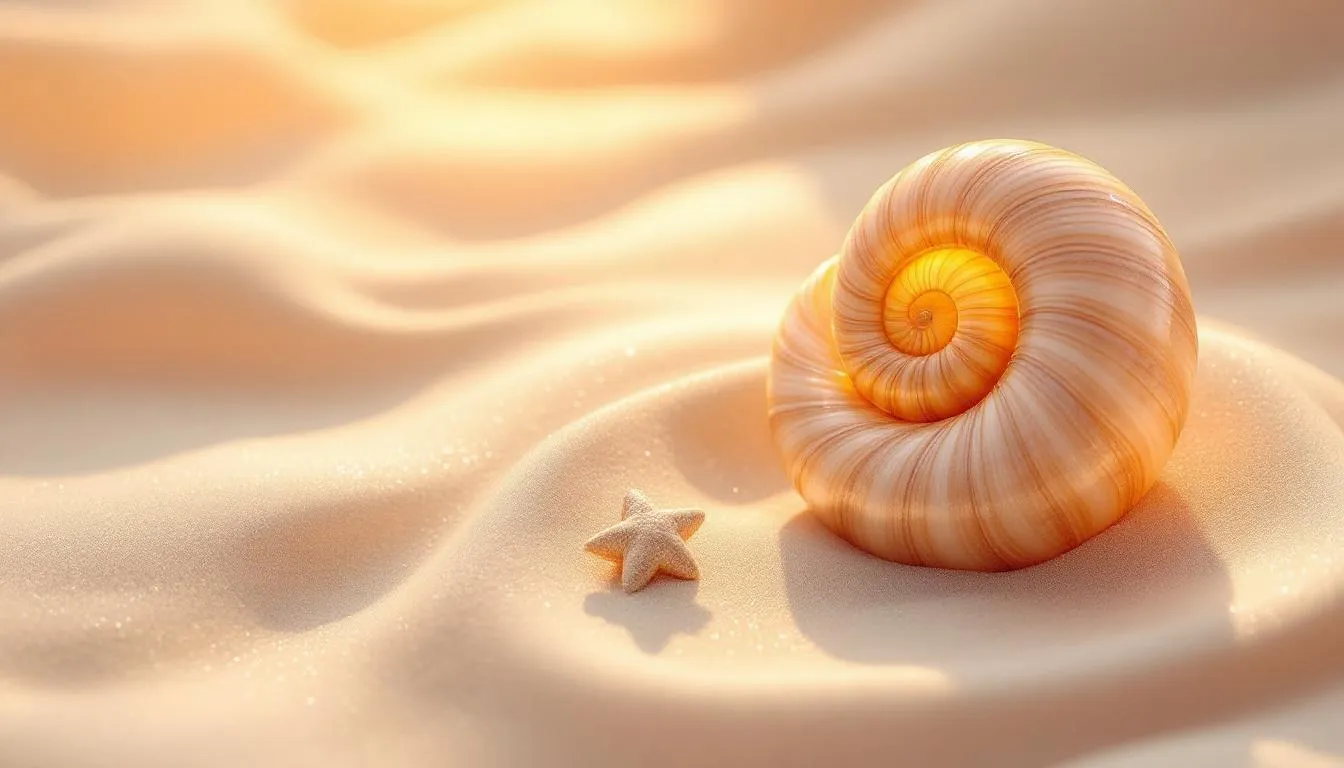 A glowing spiral seashell and a small starfish rest on softly lit golden sand