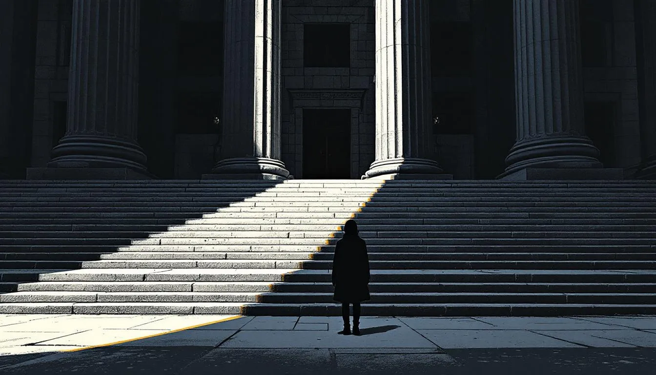 A lone figure stands at the foot of grand stone steps before a columned institution