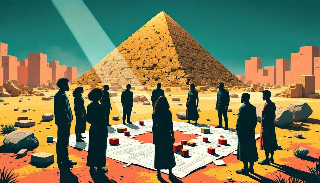 A circular gathering of seven silhouetted figures stands around a shared table covered in blueprints, with the stones of a deconstructed pyramid arranged in a flat radiating pattern behind them.