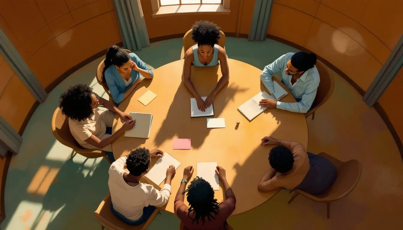Birds-eye gouache illustration of six people with varied skin tones seated around a circular wooden table in uneven afternoon light, colored name cards floating untouched at the center