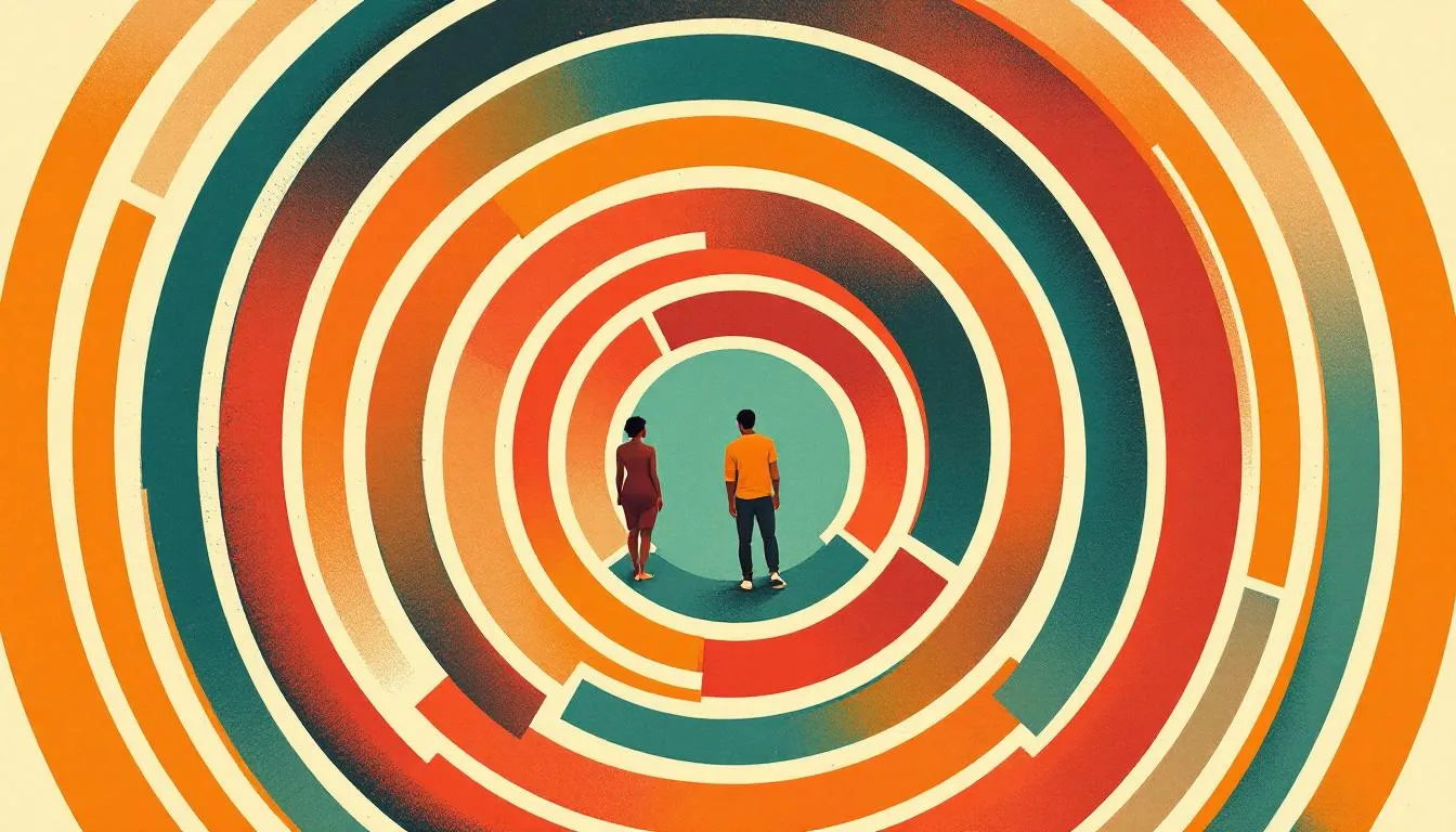 Two figures stand at the center of concentric red and teal circular paths