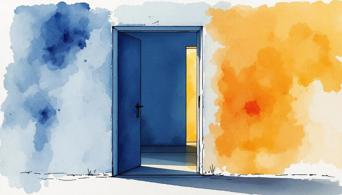 A watercolor open blue door between a cool blue wash and a warm orange wash