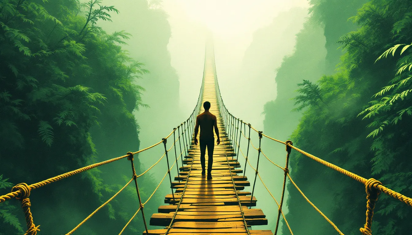 A risograph illustration of a lone figure with warm brown skin standing mid-rope-bridge over a misty green gorge, gripping the rails and facing the obscured far side