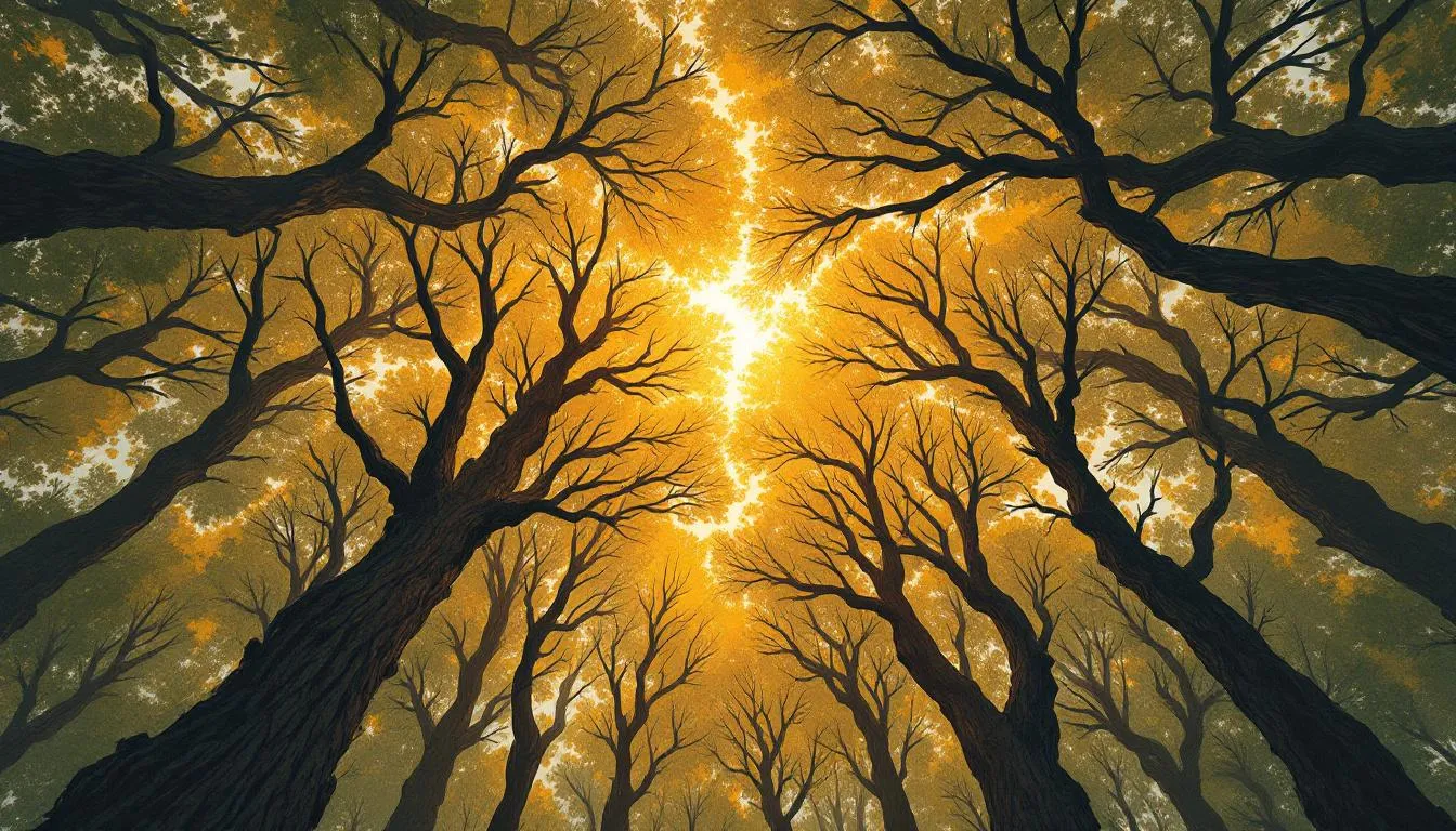 Looking up through a canopy of bare trees toward bright golden light at the center