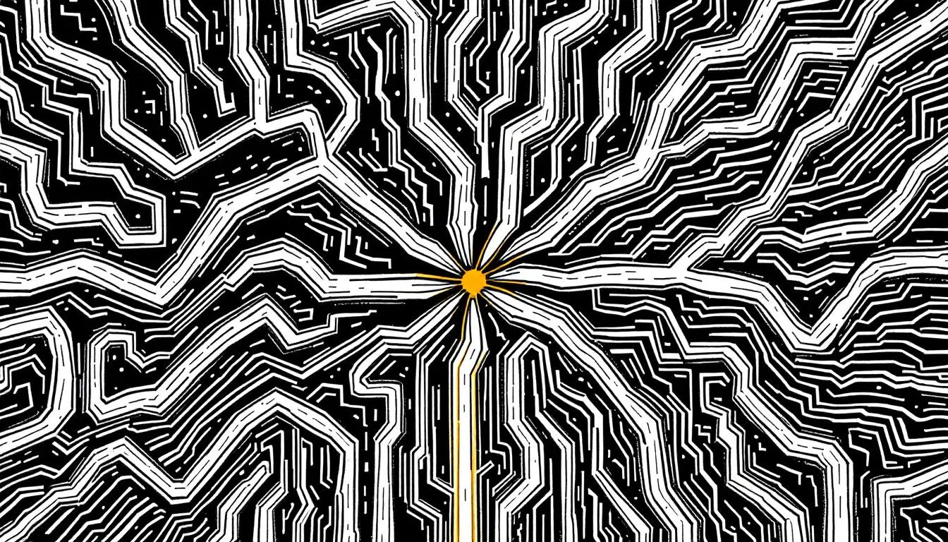 Black-and-white maze-like lines radiating outward from a single orange dot