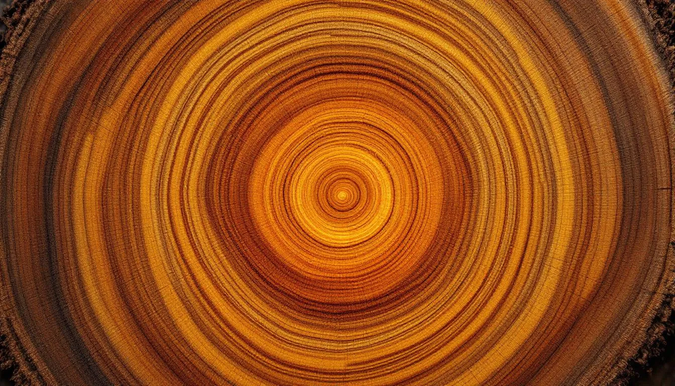 Glowing concentric growth rings of a polished tree-trunk cross-section