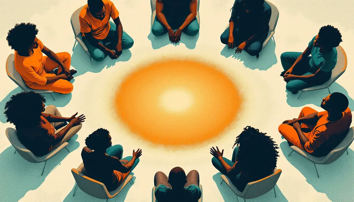 Aerial linocut illustration of eight silhouetted figures seated in a circle on a cream background, with warm amber light radiating from the center outward and two figures showing open hands and attentive postures
