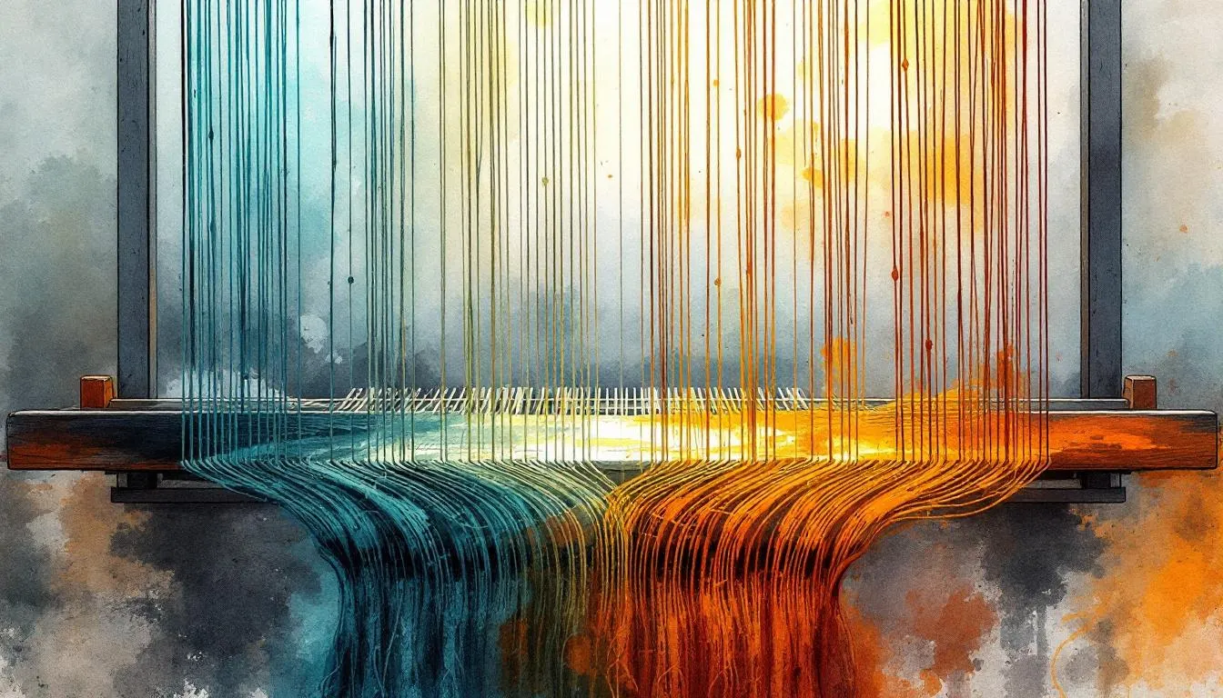Watercolor of a loom mid-weave, threads shifting from teal to gold to orange