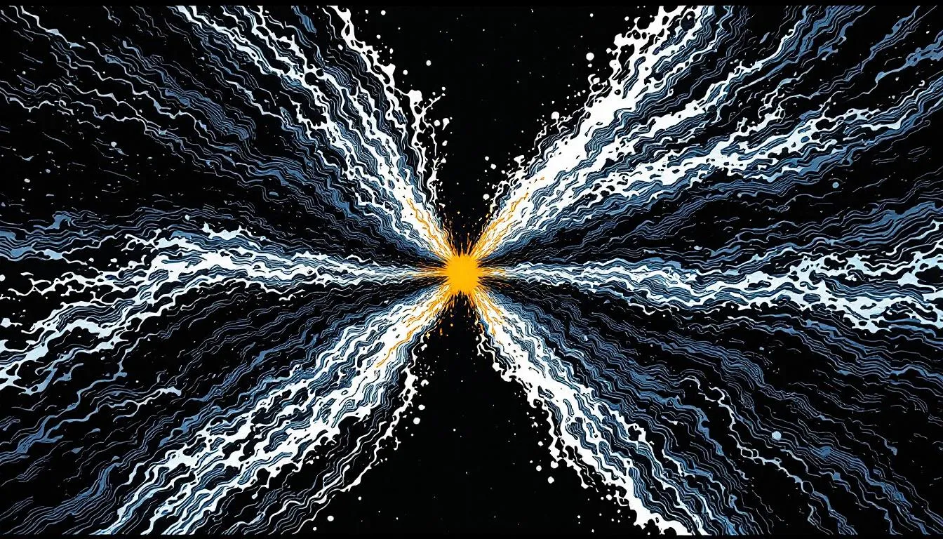 Black-and-white waves of fine lines radiating outward from a small glowing orange core