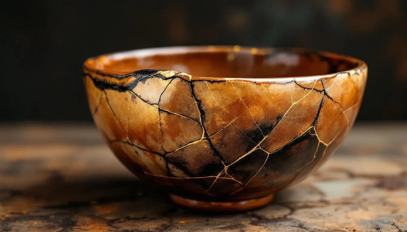 A cracked ceramic bowl mended with glowing gold seams in kintsugi style