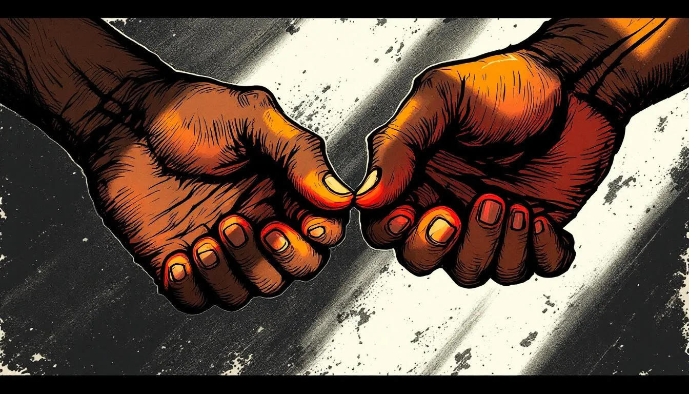 Two clasped hands meeting knuckle to knuckle in a bold comic-style illustration