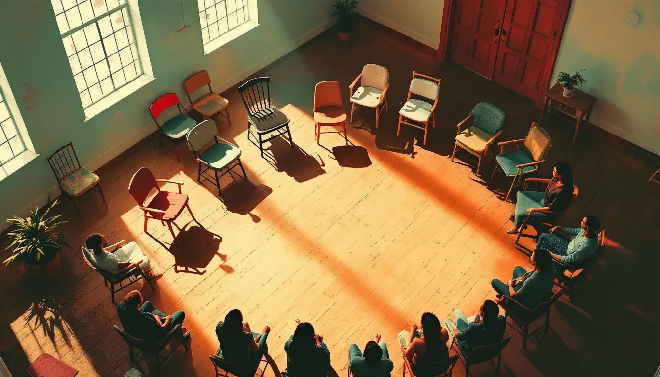 Overhead risograph illustration of a circle of chairs in a sunlit community hall, with silhouetted figures of varied skin tones seated together and one chair slightly drawn aside in the foreground