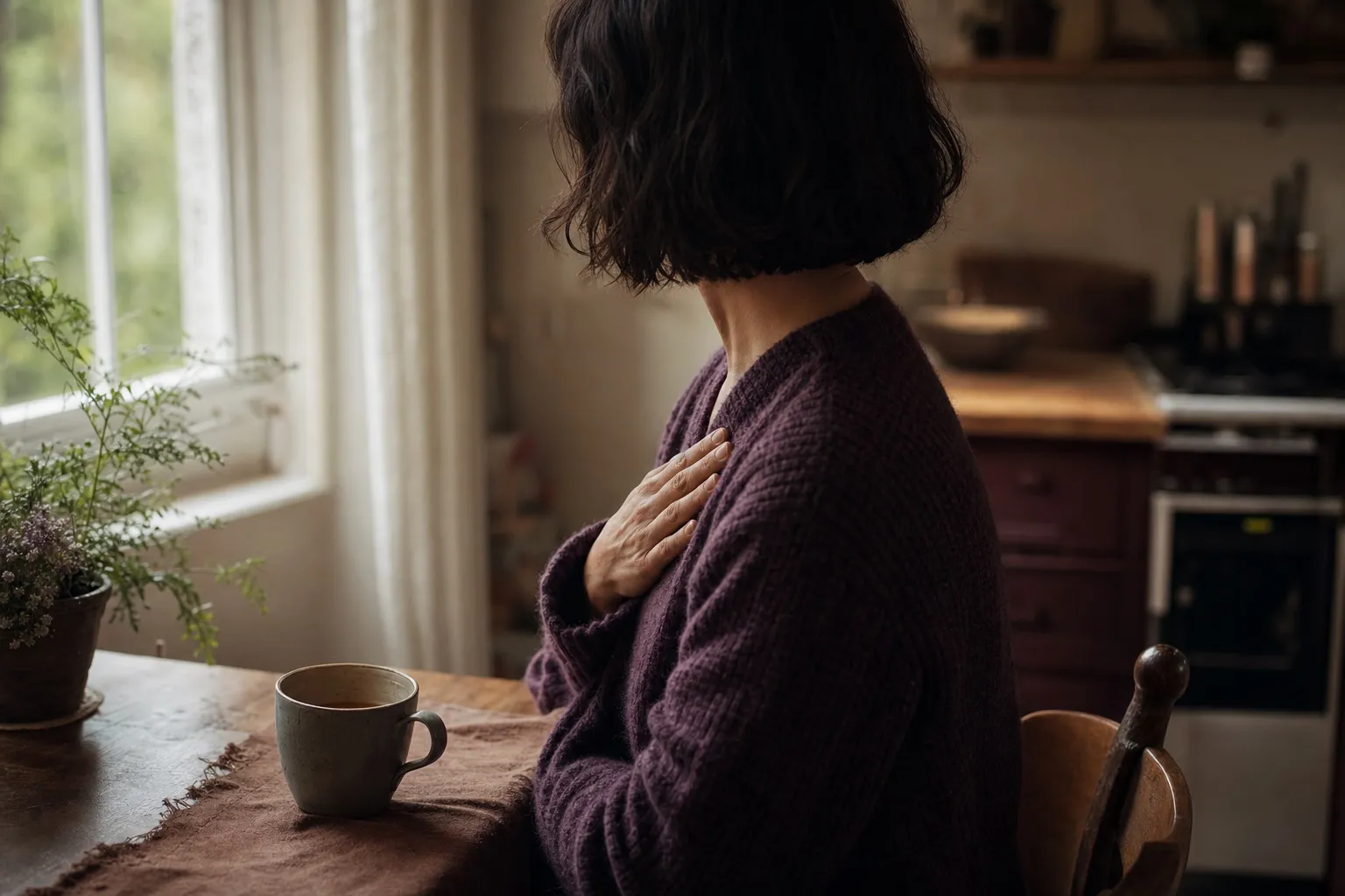 A person seen from behind at a kitchen table by a window, one hand resting on their chest over the heart, a cup of tea beside them