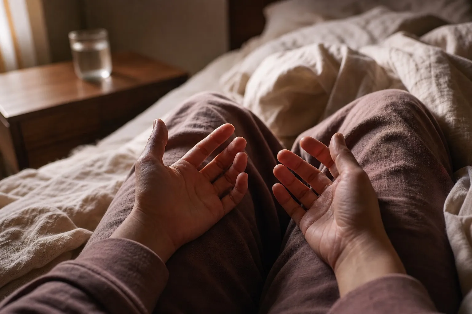 A person's open hands resting in their own lap while sitting on the edge of an unmade bed in soft morning light