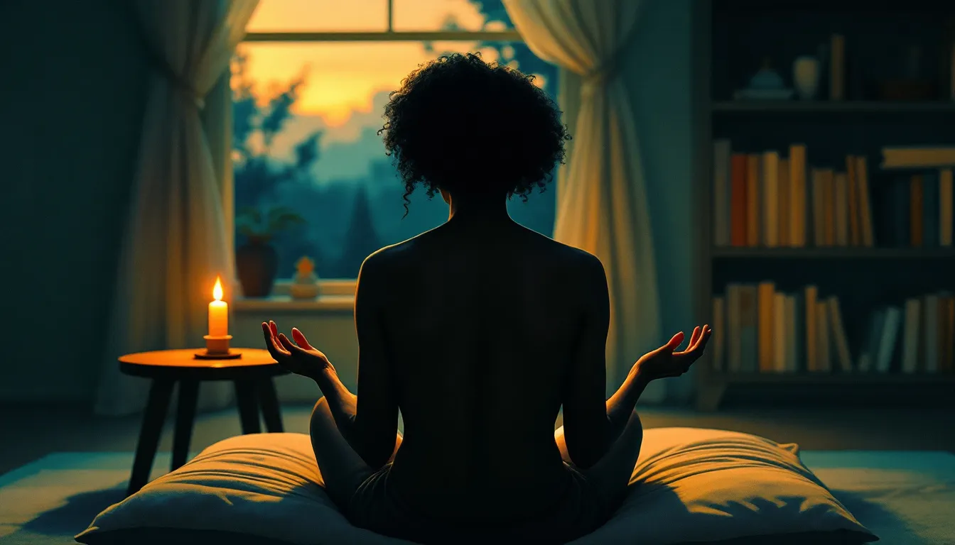 A person with medium-brown skin sits facing away on a low cushion in a quiet amber-lit room, hands open on their knees, a single candle glowing on a table before them
