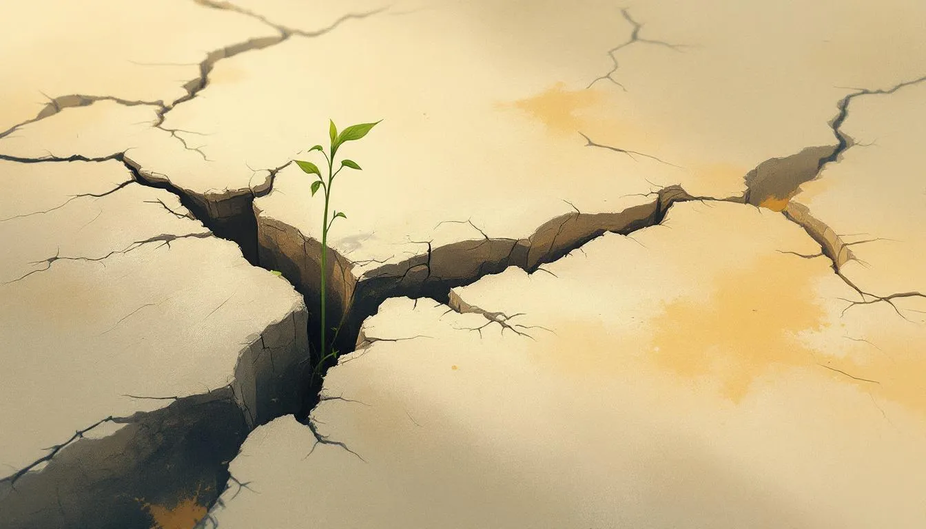 A lone green seedling rises from a deep crack in pale, parched earth