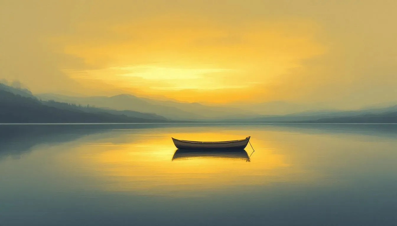 A single empty rowboat on a glassy lake at golden sunset, mountains beyond