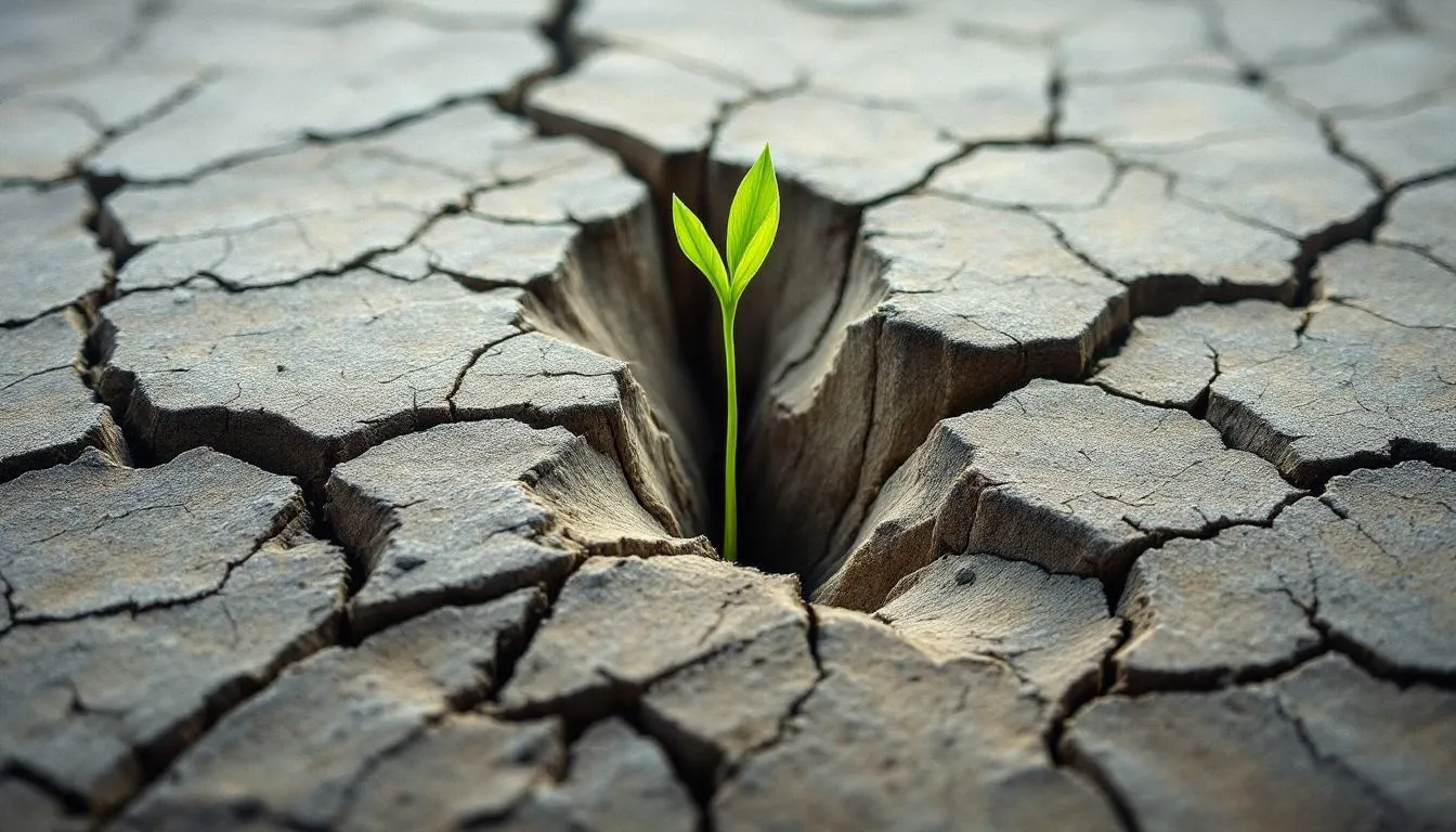 A green seedling rising from a deep crack in grey, drought-cracked ground