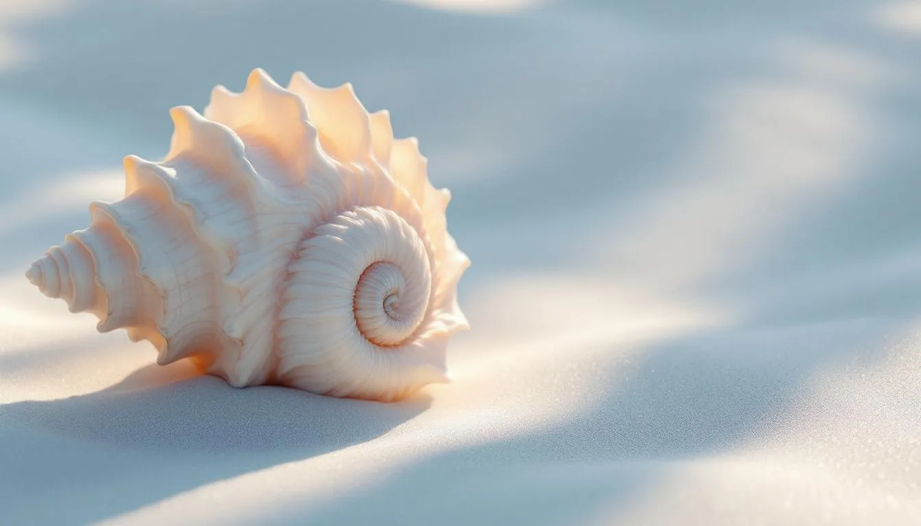 A delicate spiral seashell rests on rippled white sand in soft light