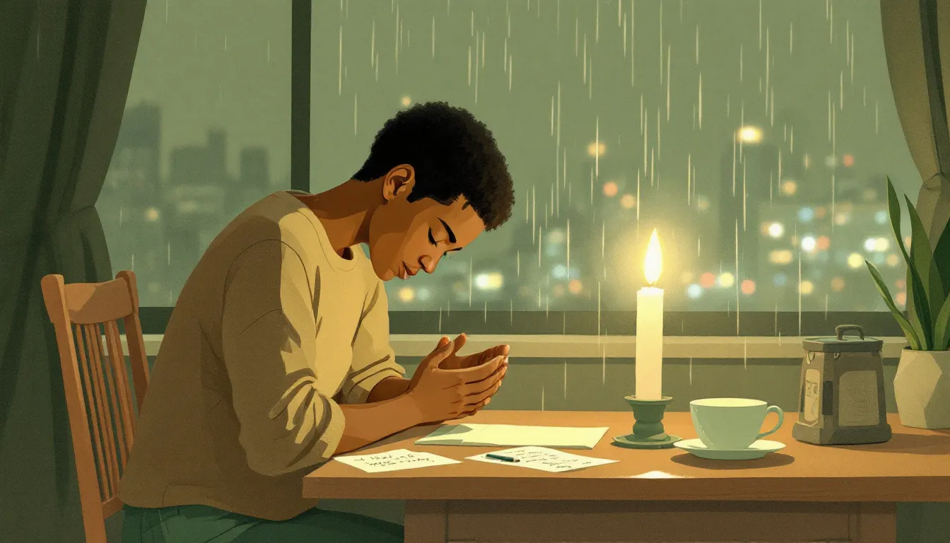 A person with warm brown skin sits at a wooden table with hands open, head bowed over handwritten notes beside a lit candle, rain-streaked window glowing softly behind them