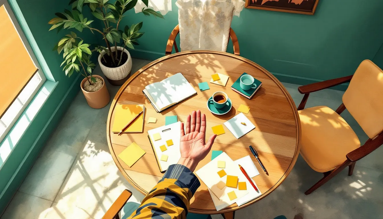 Gouache illustration of a circular workplace table viewed from above, with notebooks, coffee cups, and sticky notes in teal and amber, and a single open hand resting palm-up at the table's edge in warm morning light