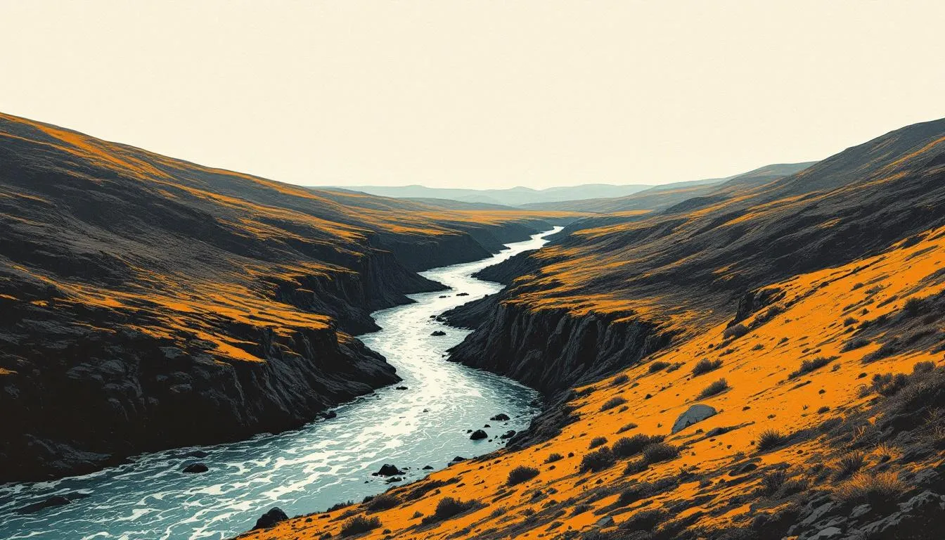 A river cutting through an orange-and-slate valley under a pale sky