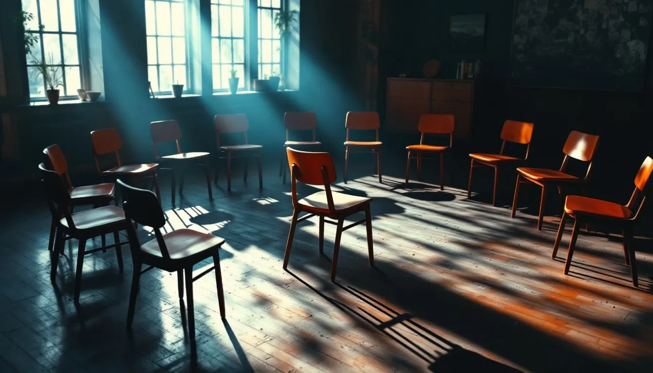 A circle of empty wooden chairs in a sunlit workshop room, one chair pushed slightly back, casting long shadows across the floor in a terracotta and slate-blue risograph style