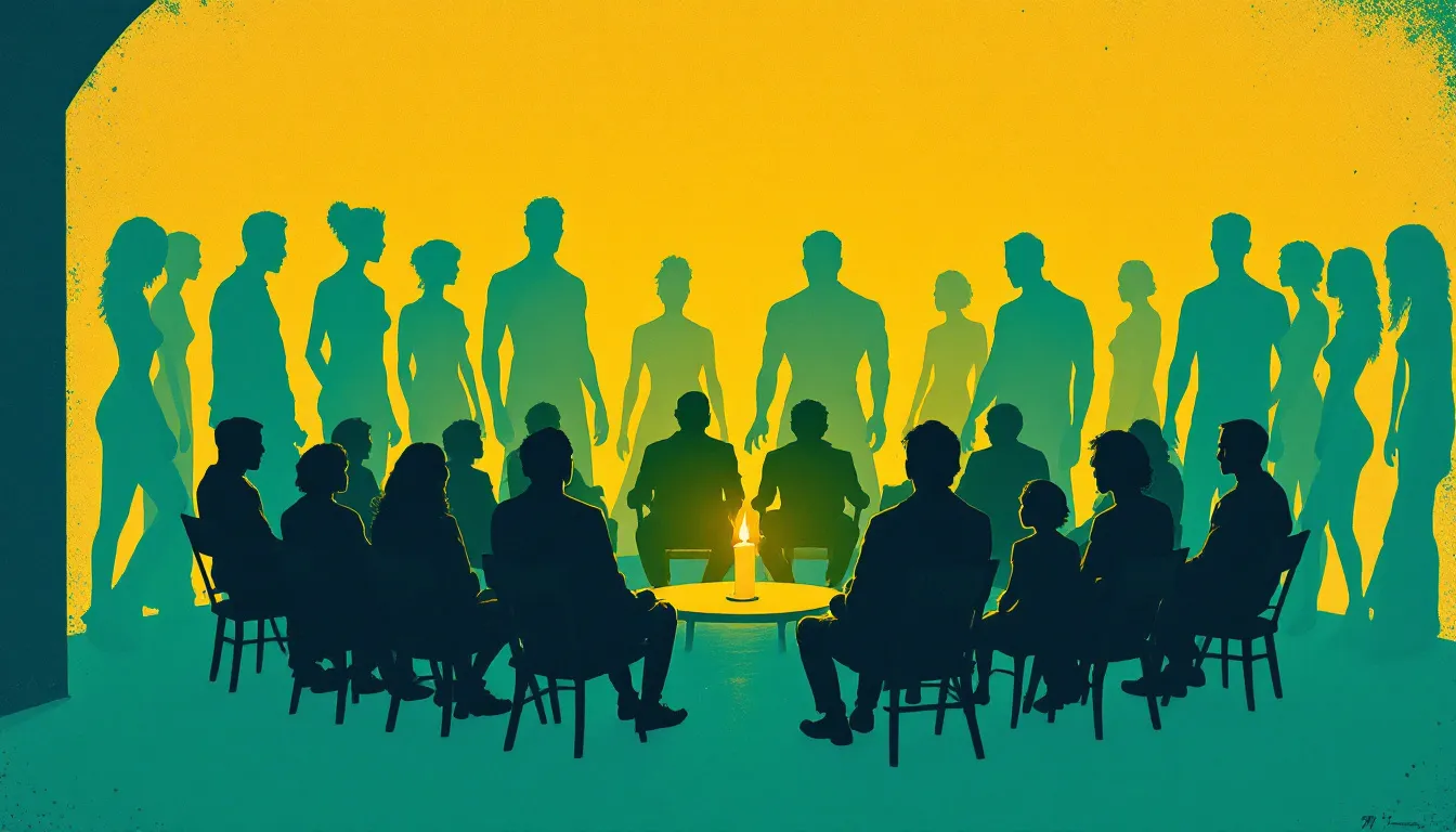 A risograph-style illustration of silhouetted figures seated in a circle in a candlelit room, their shadows on the wall behind them rising to dramatically different heights despite the figures being at the same level, with an empty chair set slightly apart from the group
