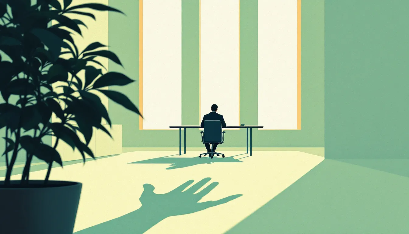 A lone figure in a suit leans forward in a sunlit meeting room, listening toward an empty chair while a potted plant casts a hand-shaped shadow across the table