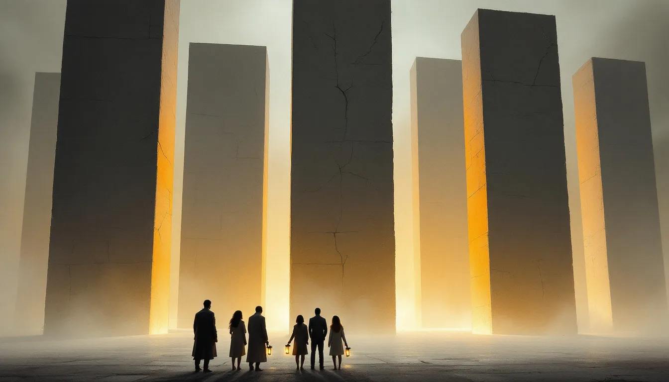 Silhouetted figures with lanterns standing before five tall stone walls with amber light seeping through hairline cracks