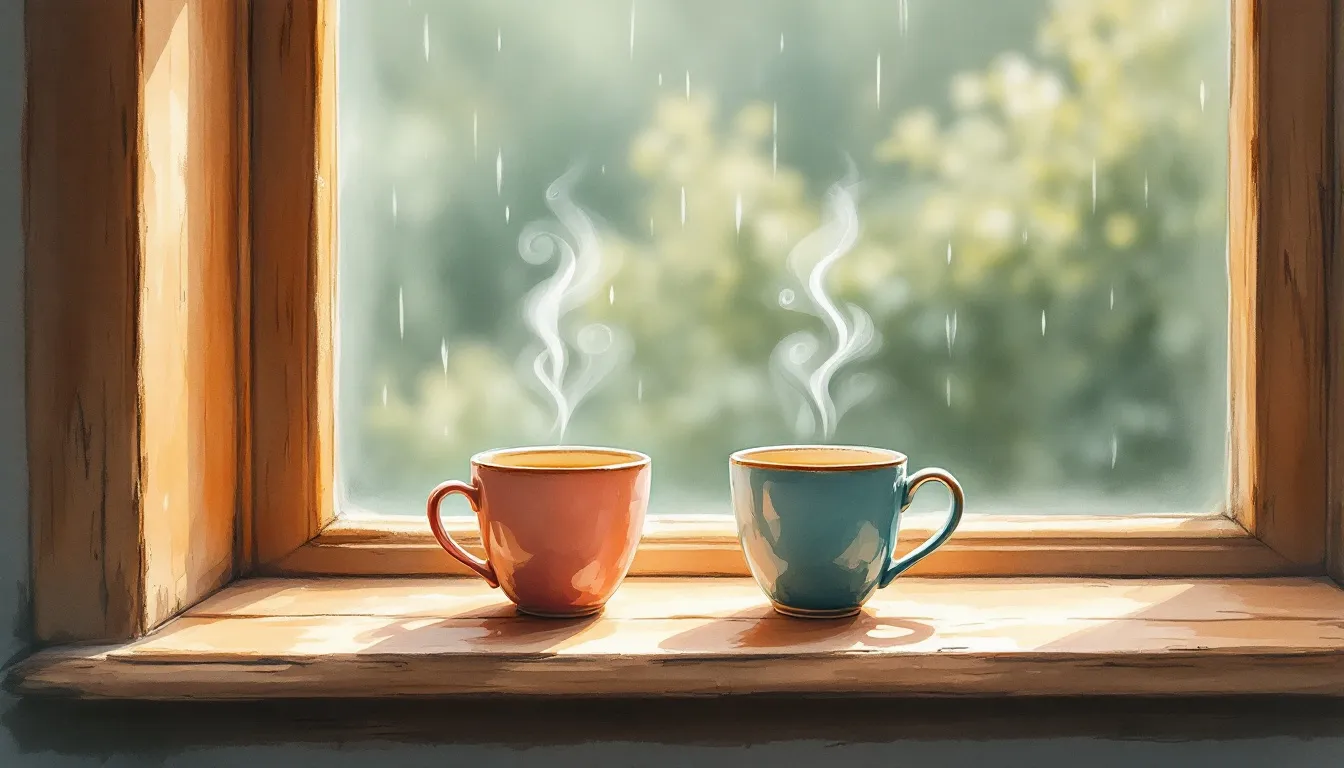 Two steaming coffee cups on a sunlit windowsill, their steam curling toward each other