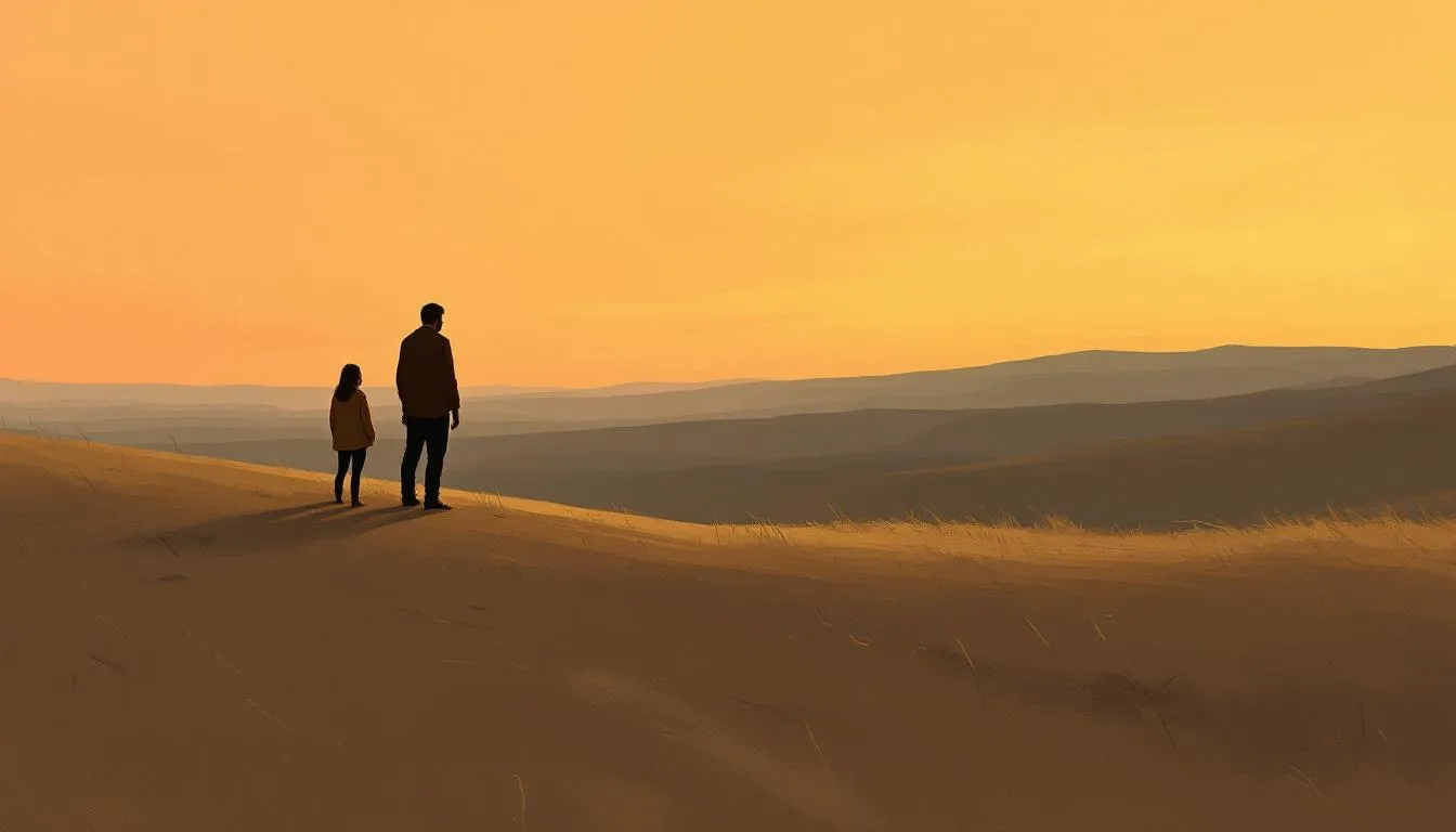 Two distant figures standing together on a golden dune ridge at dusk